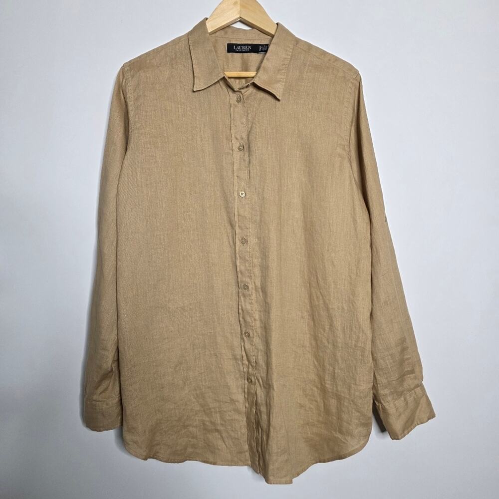 Lauren Ralph Lauren Tan Button up roll-tab Sleeve point collar 100% Linen shirt